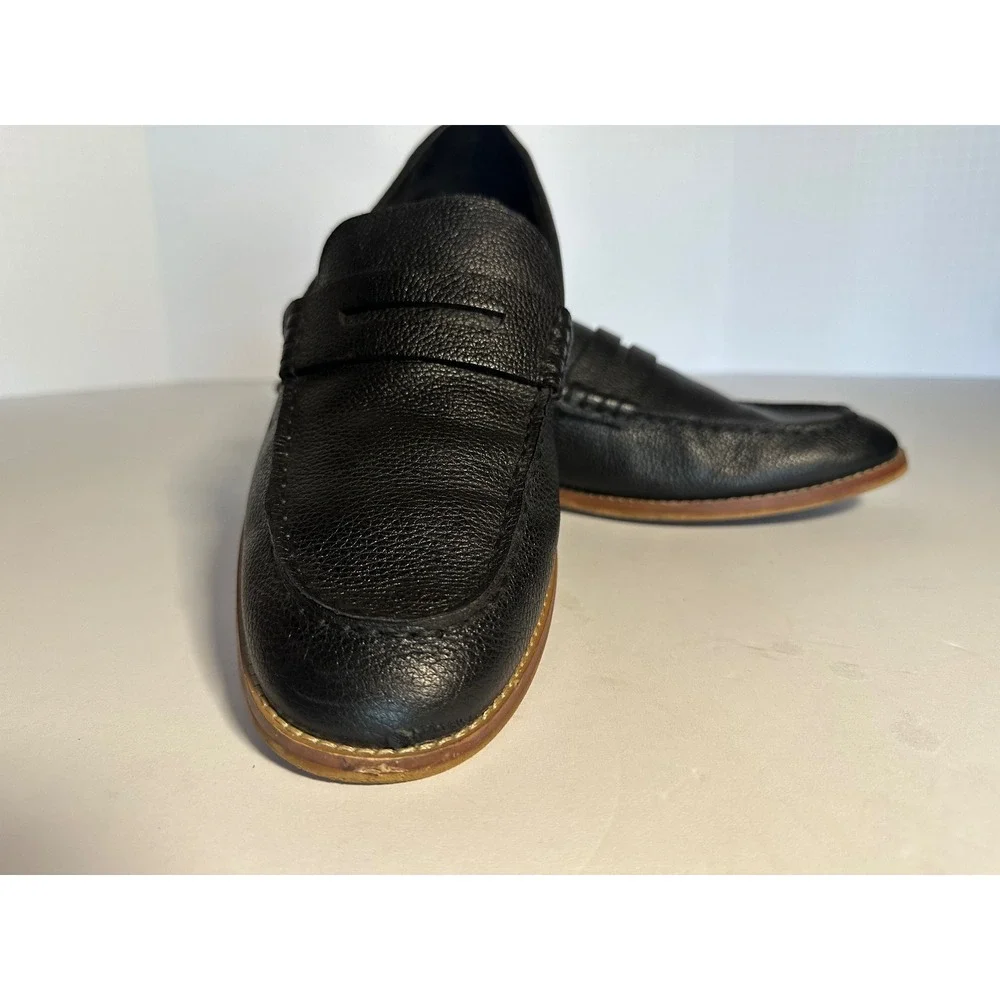 Crown Vintage Mens Black Pebbled Leather Penny Loafers Slip On Shoes